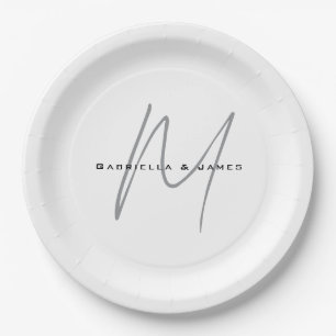 Schöne monogrammierte schwarze weiße graue Kalligr Pappteller
