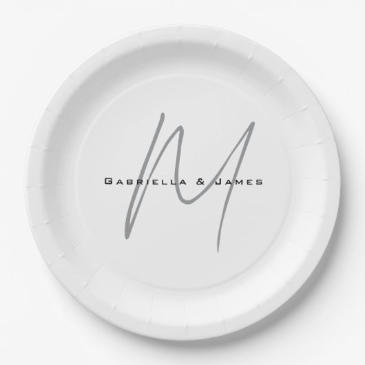 Schöne monogrammierte schwarze weiße graue Kalligr Pappteller (Vorderseite)
