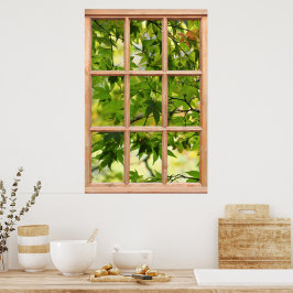 Schöne Morgenansicht der Blätter aus einem Fenster Poster