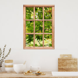 Schöne Morgenansicht der Blätter aus einem Fenster Poster