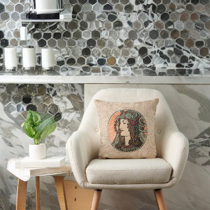 Schöne Mucha Vintage Frau mit grüner Adresse Kissen