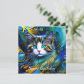 Schöne Mystische Katze in Blues und Golden Birthda (Stehend Vorderseite)