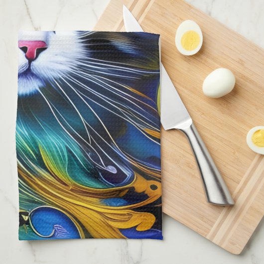 Schöne Mystische Katze in Blues und Golden Geschirrtuch (Viertel Falte)