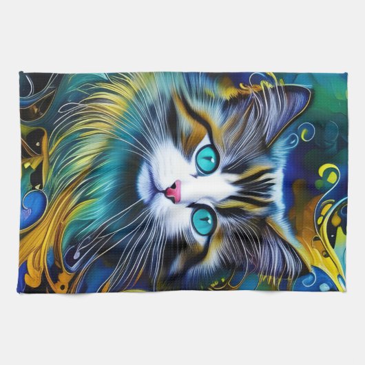 Schöne Mystische Katze in Blues und Golden Geschirrtuch (Horizontal)