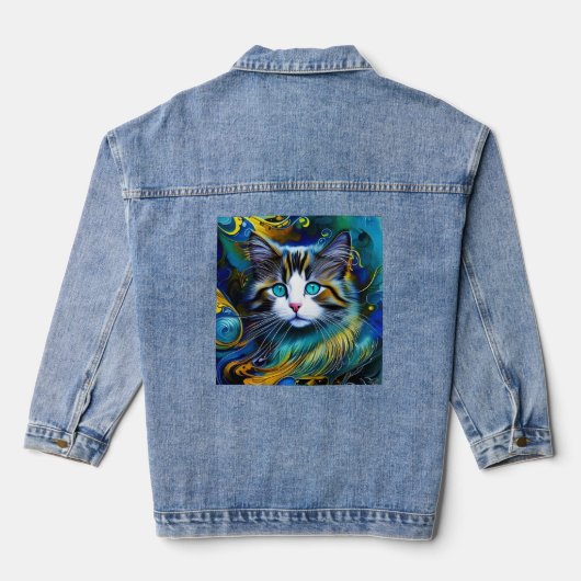 Schöne Mystische Katze in Blues und Golden Jeansjacke (Rückseite)