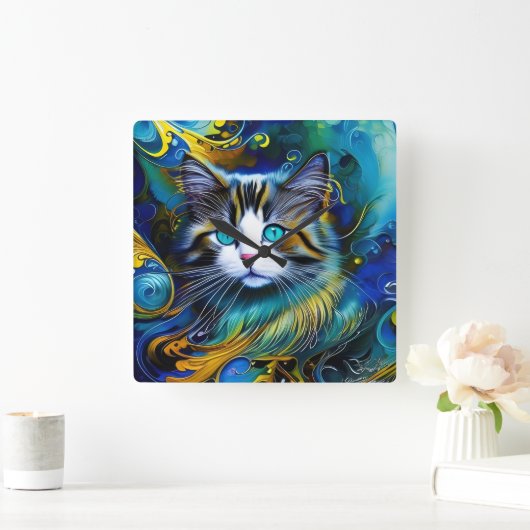 Schöne Mystische Katze in Blues und Golden Quadratische Wanduhr (Zuhause)