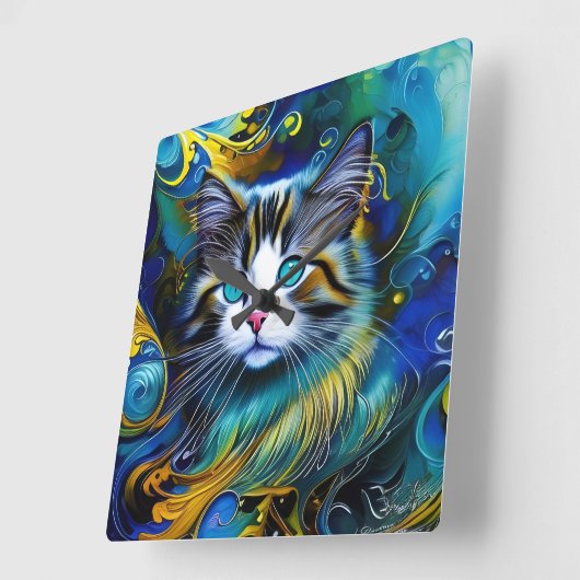 Schöne Mystische Katze in Blues und Golden Quadratische Wanduhr (Winkel)