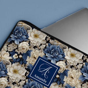 Schöne Navy Blumen Blaue Florale Laptoptasche Laptopschutzhülle