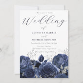 Schöne Navy Indigo Rose & Silberhochzeit Einladung (Vorderseite)