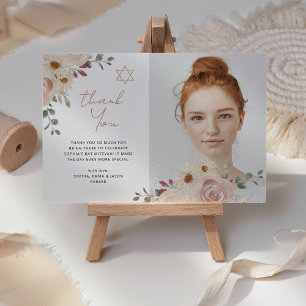 Schöne neutrale Aquarell-Blumen-Bat-Mitzwa-Foto Dankeskarte
