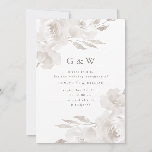Schöne neutrale Blüte mit Monogramm Hochzeit Einladung (Vorderseite)