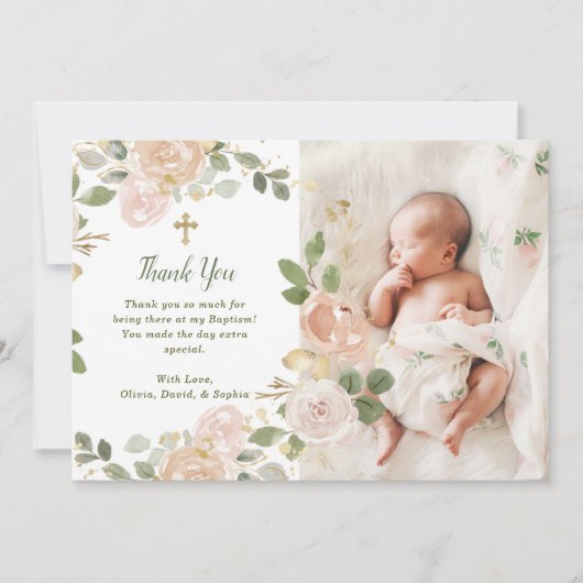Schöne neutrale Flora und Kreuz | Foto Taufe Dankeskarte (Vorderseite)