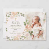 Schöne neutrale Flora und Kreuz | Foto Taufe Dankeskarte (Vorderseite)