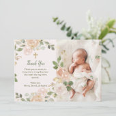 Schöne neutrale Flora und Kreuz | Foto Taufe Dankeskarte (Stehend Vorderseite)