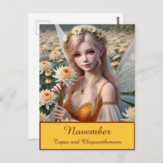 Schöne November Fee in Chrysanthema Postkarte (Vorne/Hinten)