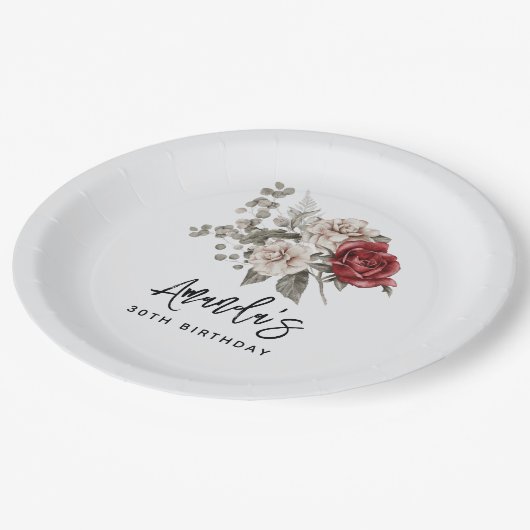 Schöne Off-White & Rote Rosen Blumengeburt Pappteller (Schrägansicht)