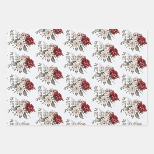 Schöne Off-White & Rote Rosen Gemustert Geschenkpapier Set (Vorderseite)