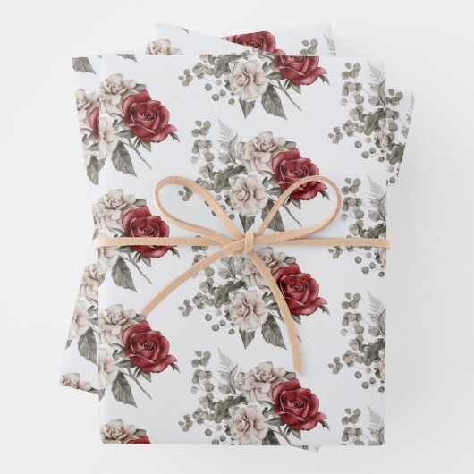 Schöne Off-White & Rote Rosen Gemustert Geschenkpapier Set (Beispiel)