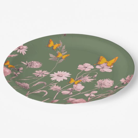 Schöne Oliven und rosa Blüten und Schmetterlinge Pappteller (Schrägansicht)