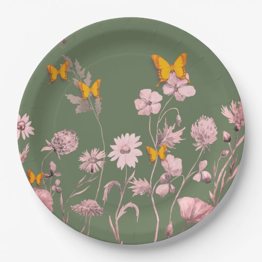 Schöne Oliven und rosa Blüten und Schmetterlinge Pappteller (Vorderseite)