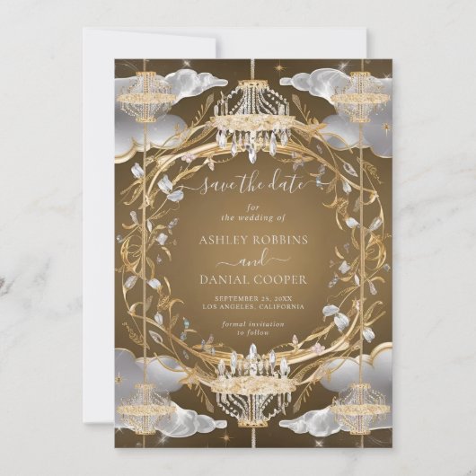 Schöne Opulent Gold und Kristalle Save the Date Einladung (Vorderseite)