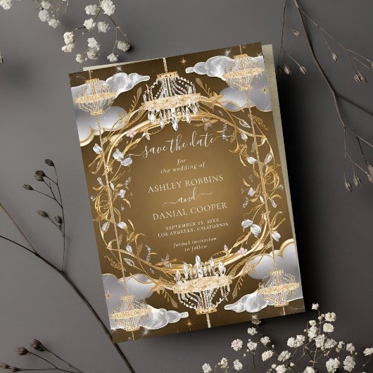 Schöne Opulent Gold und Kristalle Save the Date Einladung