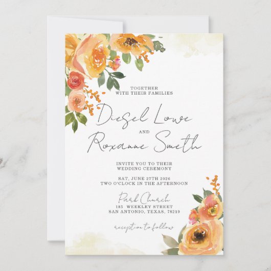 Schöne Orange Bloral Wedding Einladung (Vorderseite)