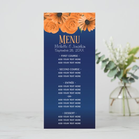 Schöne Orange Rose und Navy Blue Wedding Menükarte (Stehend Vorderseite)