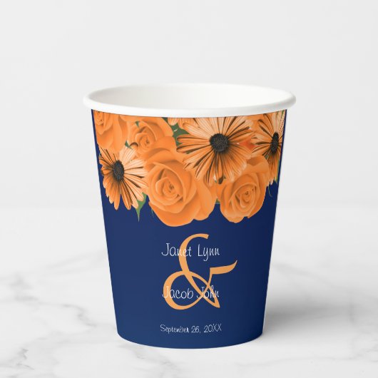 Schöne Orange Rose und Navy Blue Wedding Pappbecher (Rückseite)