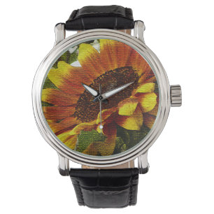 Schöne Orange und Gelbe Sonnenblumen-Uhr Armbanduhr