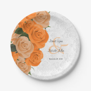 Schöne Orangefarbene Rose und weiße Damaskenhochze Pappteller