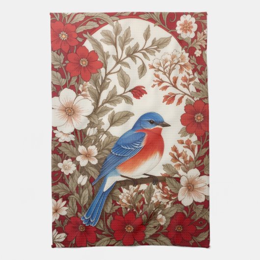 Schöne Östliche Blaumeise Rote Flora Geschirrtuch (Vertikal)