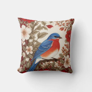 Schöne Östliche Blaumeise Rotes Blumenmuster Kissen