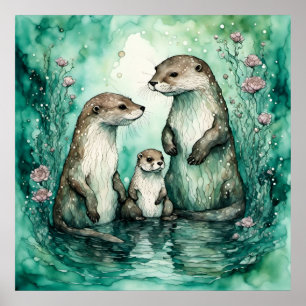 Schöne Otter-Familie mit Kinderbett Poster