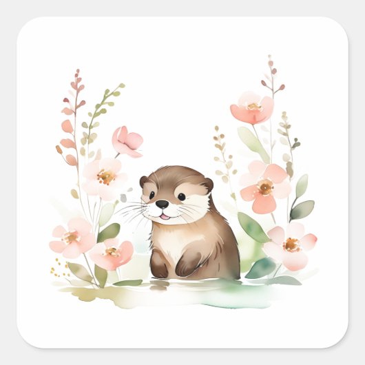 Schöne Otter mit Blume Quadratischer Aufkleber (Vorderseite)