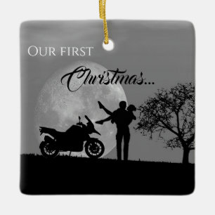 Schöne Paare Erste WeihnachtsMotorrad-Liebe Keramikornament