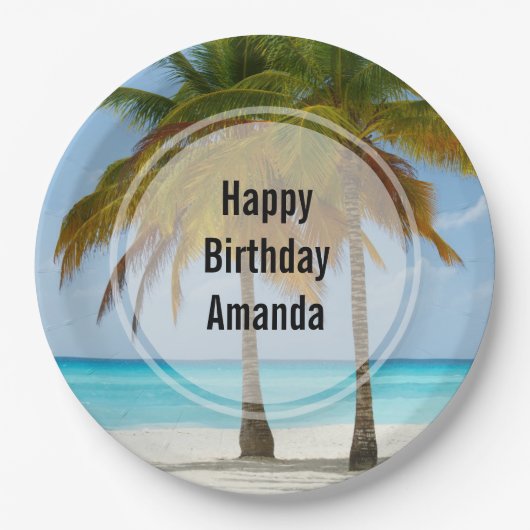 Schöne Palmen am Strand von Tropical zum Geburtsta Pappteller (Vorderseite)
