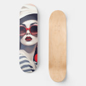 Schöne Pariser Frau in Sonnenbrille und Hut Skateboard (Vorderseite)