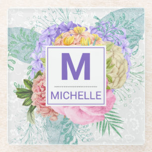 Schöne Pastell-Frühlingsblumen Monogramm Glasuntersetzer