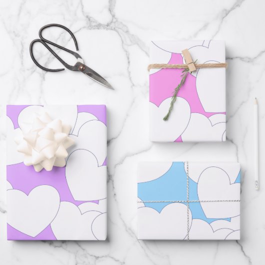Schöne Pastellfarben mit großen weißen Herzen  Geschenkpapier Set (Vorderseite)