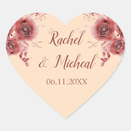 Schöne Peach Burgund Wasserfarbenflorale Hochzeit Herz-Aufkleber