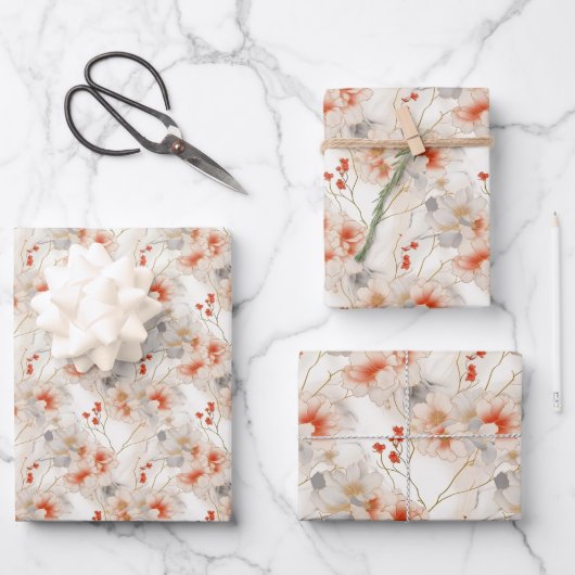 Schöne Peach Red White Floral Geschenkpapier Set (Vorderseite)