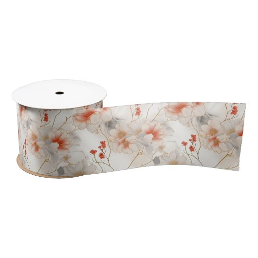 Schöne Peach Red White Floral Satinband (Spule)