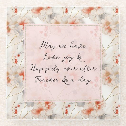 Schöne Peach Rote Floral Romantische Hochzeit Glasuntersetzer (Vorderseite)