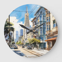 Schöne Pen- und Tintenskizze von San Francisco Große Wanduhr