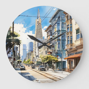 Schöne Pen- und Tintenskizze von San Francisco Große Wanduhr