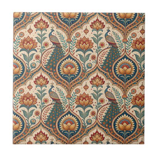 Schöne Pfau- und indische Blumenmuster-Kunst Fliese (Vorderseite)