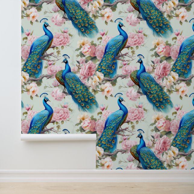 Schöne Pfauen Rosa Blume abziehen und kleben Tapete (Anwendung)