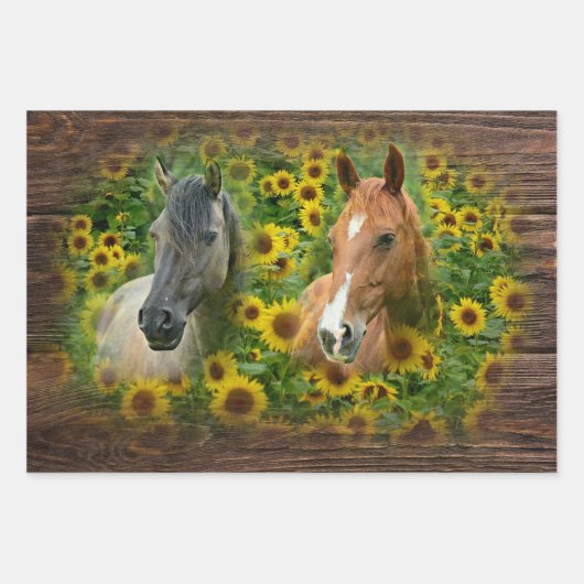 Schöne Pferde im Feld der Sonnenblumen Geschenkpapier Set (Vorderseite)