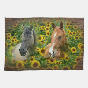 Schöne Pferde im Feld der Sonnenblumen Geschirrtuch